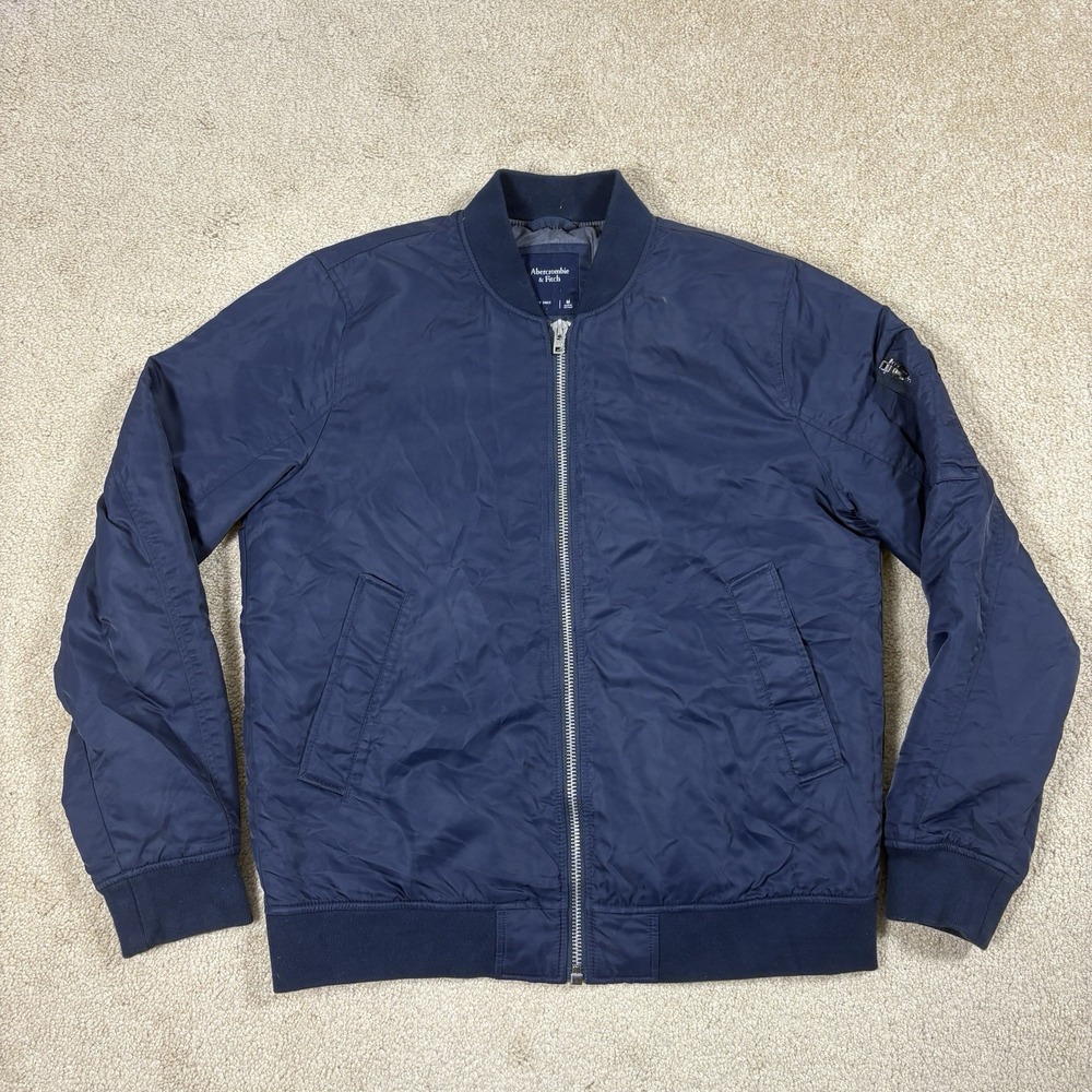 Abercrombie & Fitch Men Medium Nylon Bomber Jacket Navy Blue Arm Zip Pocket